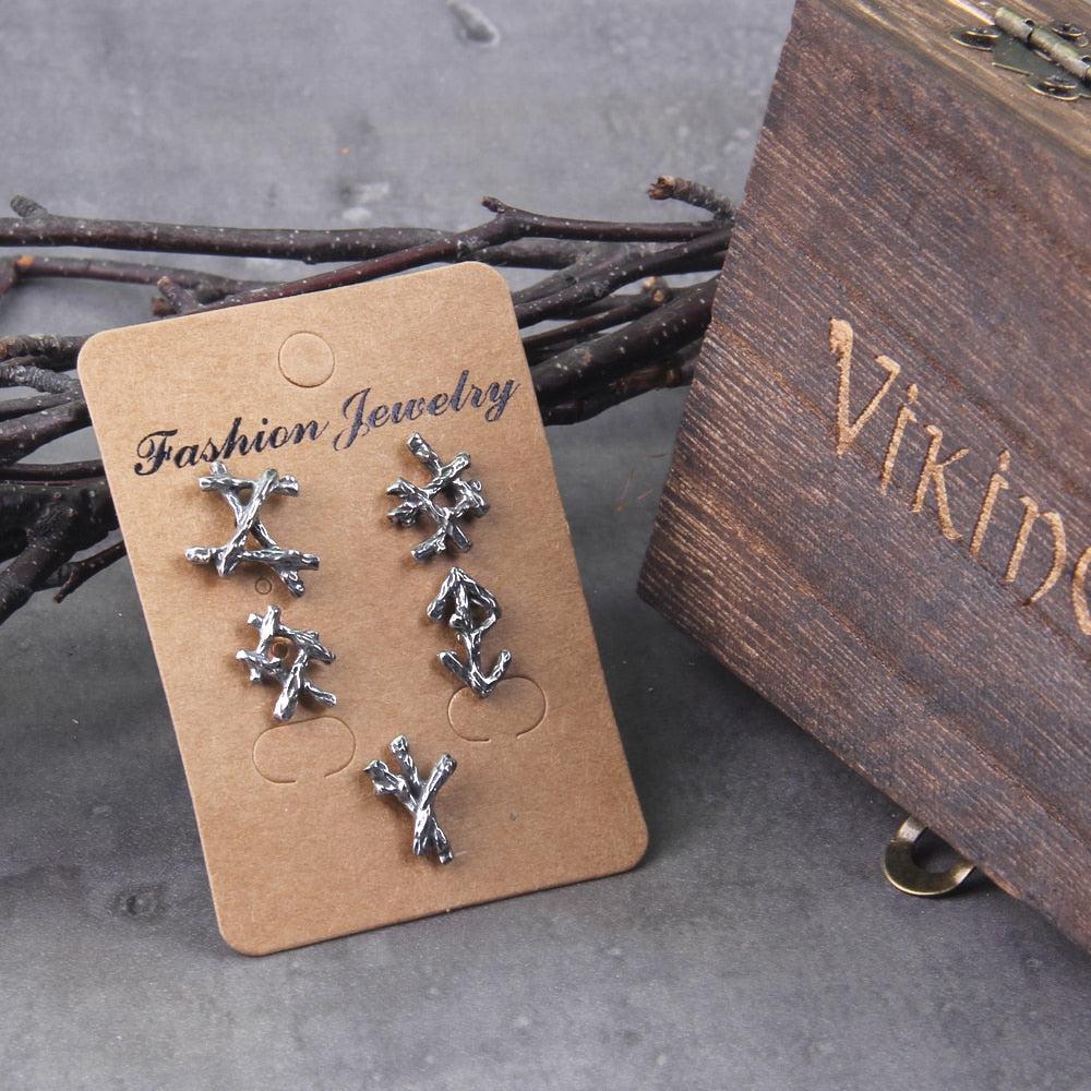 Steel Branch Futhark Rune Stud Earrings