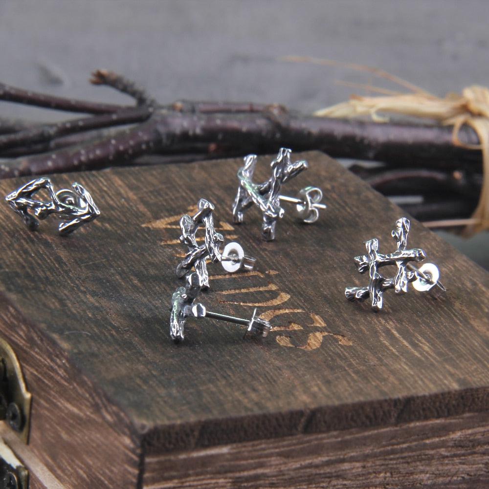 Steel Branch Futhark Rune Stud Earrings