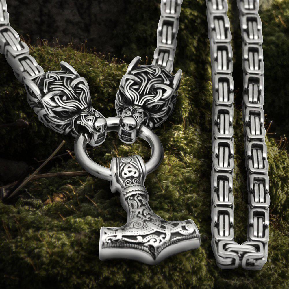 Fenrir Sun-Eater Wolf of Ragnarok Steel Chain Necklace | Viking Knotwork Clasp