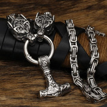 Load image into Gallery viewer, Fenrir Sun-Eater Wolf of Ragnarok Steel Chain Necklace | Viking Knotwork Clasp
