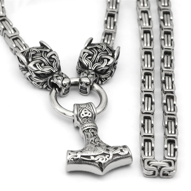 Fenrir Sun-Eater Wolf of Ragnarok Steel Chain Necklace | Viking Knotwork Clasp