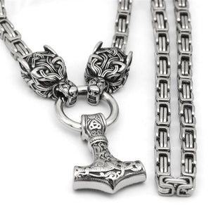 Fenrir Sun-Eater Wolf of Ragnarok Steel Chain Necklace | Viking Knotwork Clasp