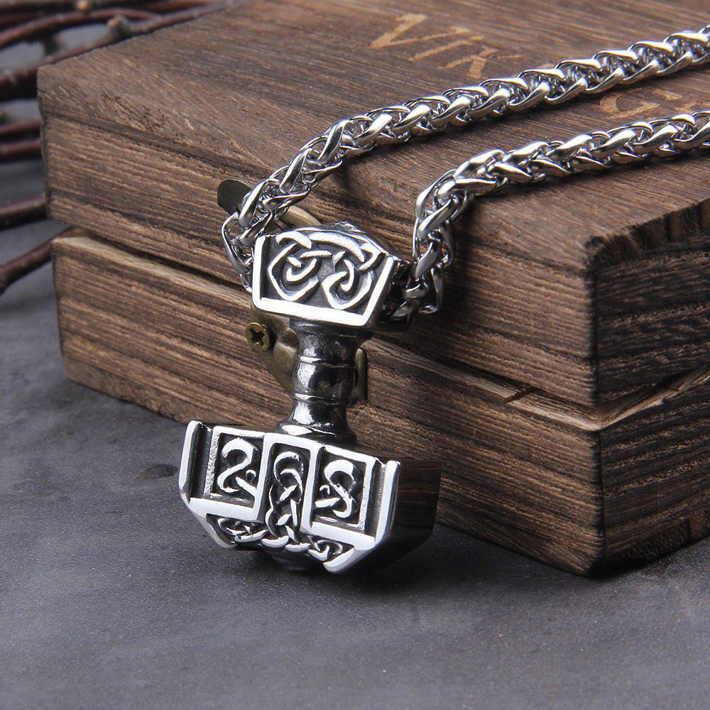 Steel Knotwork Heavy Thor's Hammer Mjolnir Pendant Necklace