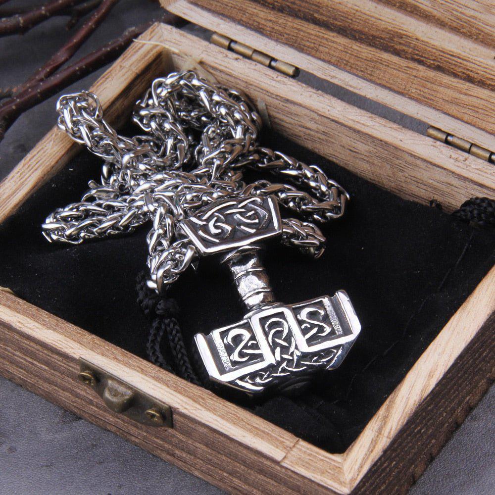 Steel Knotwork Heavy Thor's Hammer Mjolnir Pendant Necklace