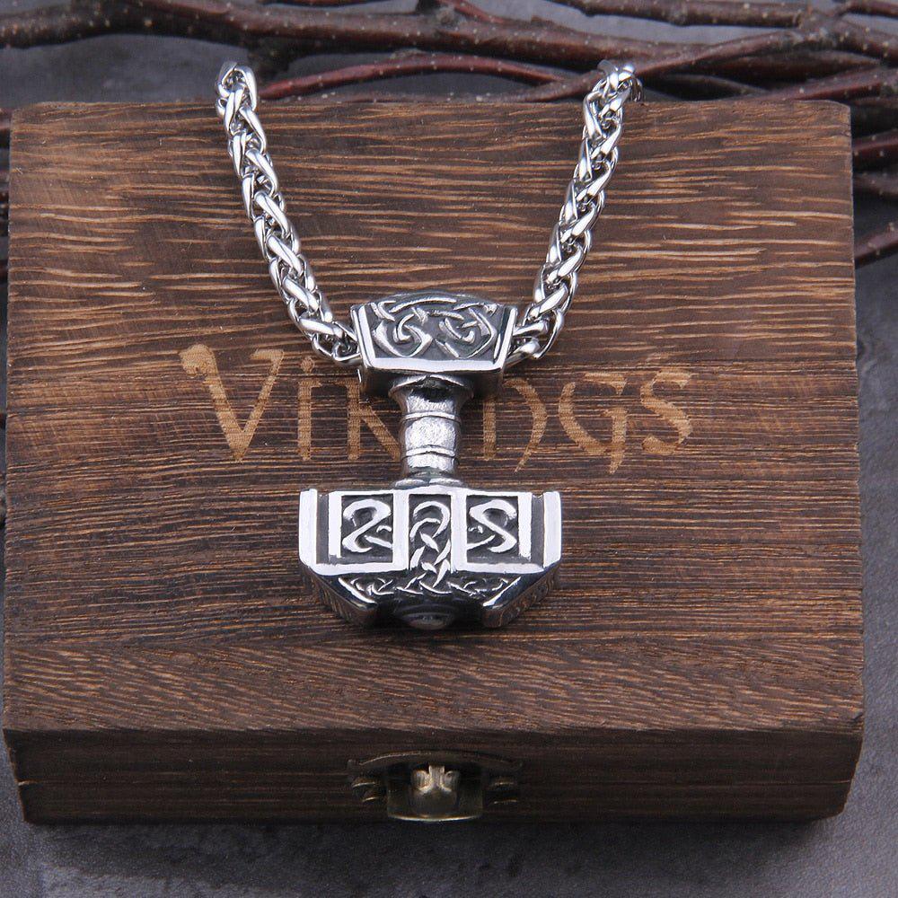 Steel Knotwork Heavy Thor's Hammer Mjolnir Pendant Necklace