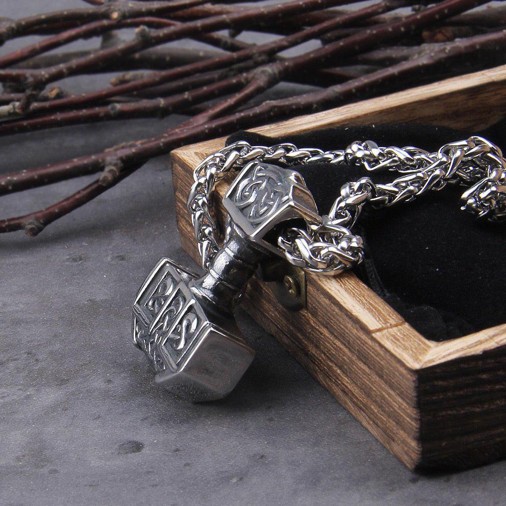 Steel Knotwork Heavy Thor's Hammer Mjolnir Pendant Necklace