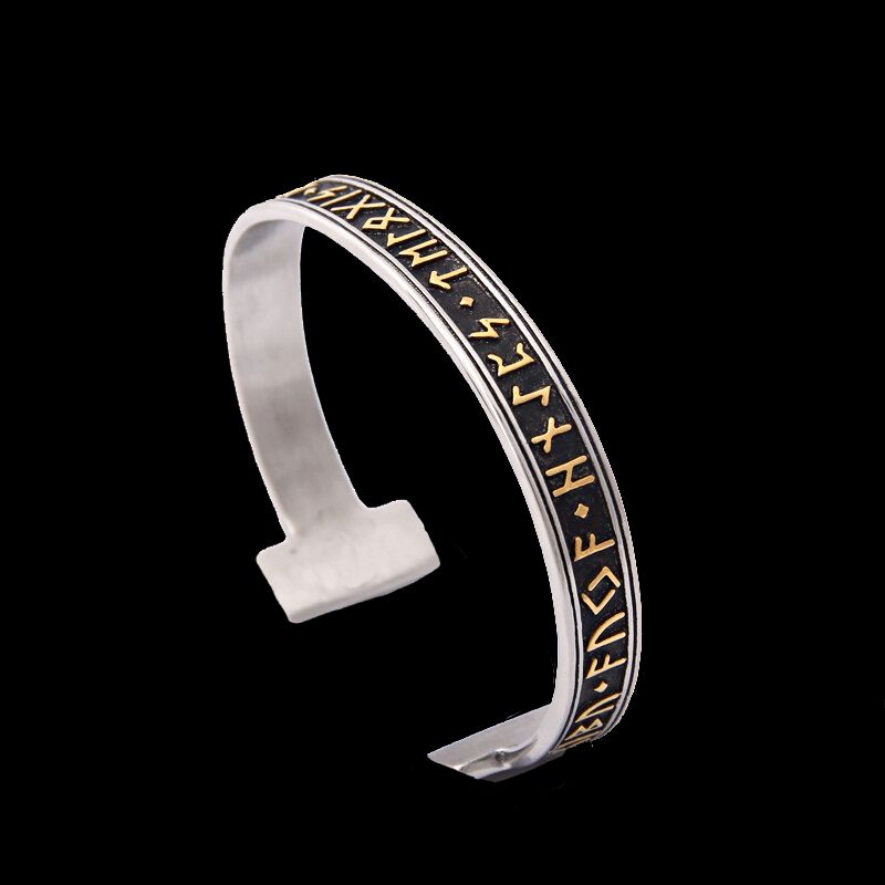 Steel Stamped Futhark Rune Bangle Bracelet