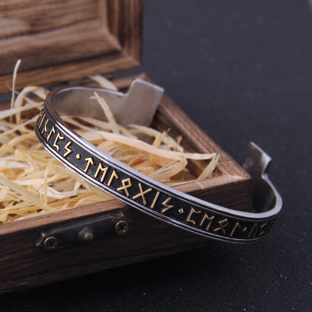 Steel Stamped Futhark Rune Bangle Bracelet