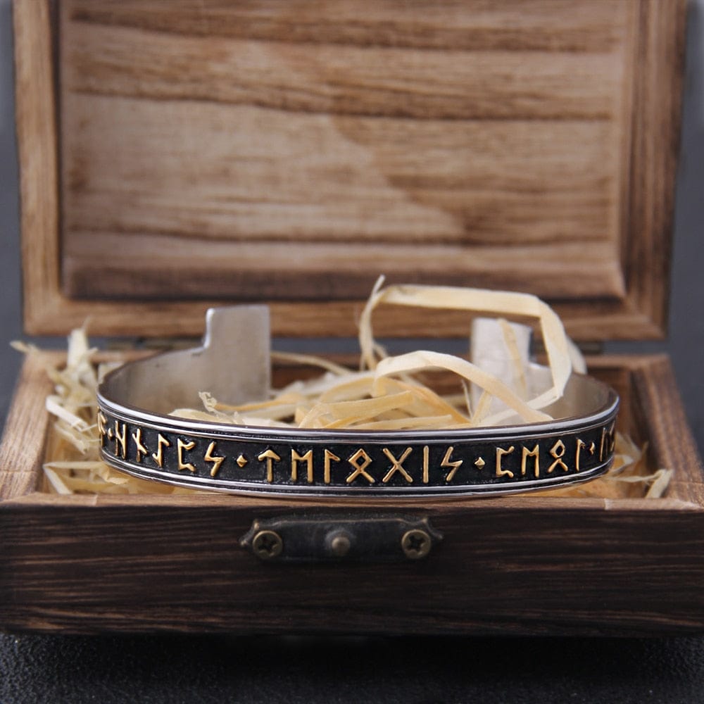 Steel Stamped Futhark Rune Bangle Bracelet