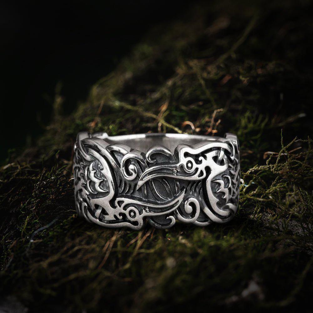 Ravens and Ornaments Viking Ring | Handcrafted Sterling Silver