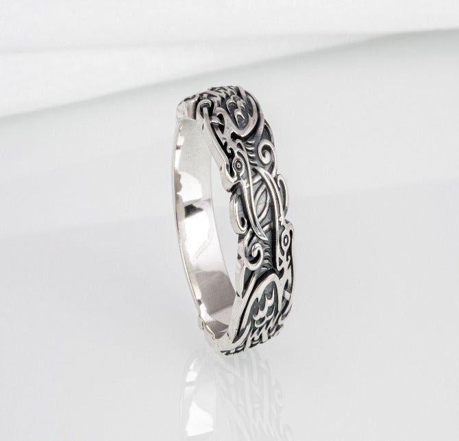 Ravens and Ornaments Viking Ring | Handcrafted Sterling Silver