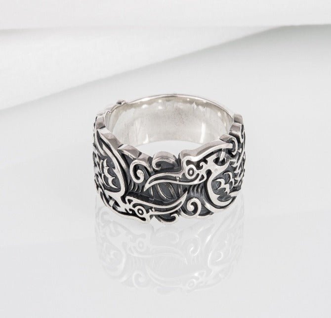 Ravens and Ornaments Viking Ring | Handcrafted Sterling Silver