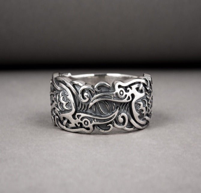 Ravens and Ornaments Viking Ring | Handcrafted Sterling Silver