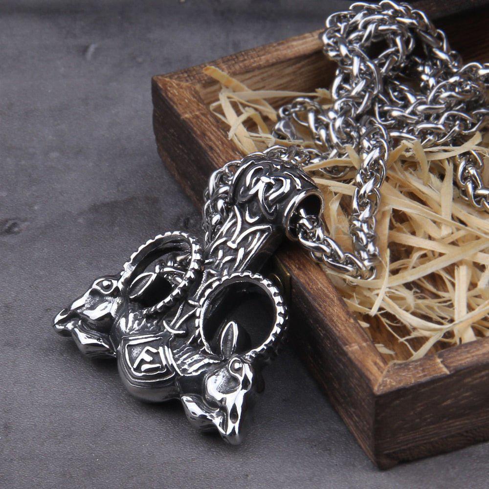 Thor Hammer With Goat Runes Necklace