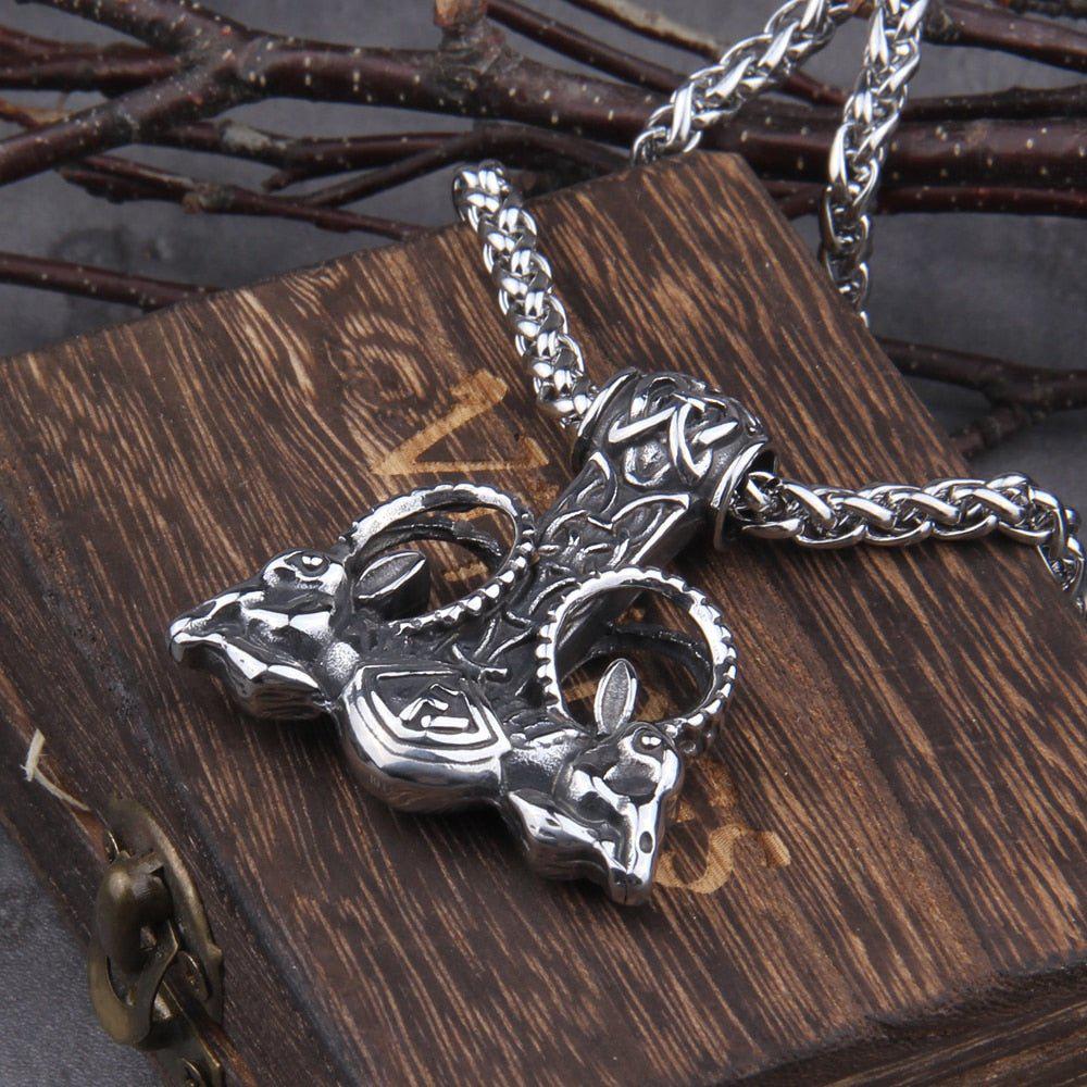 Thor Hammer With Goat Runes Necklace