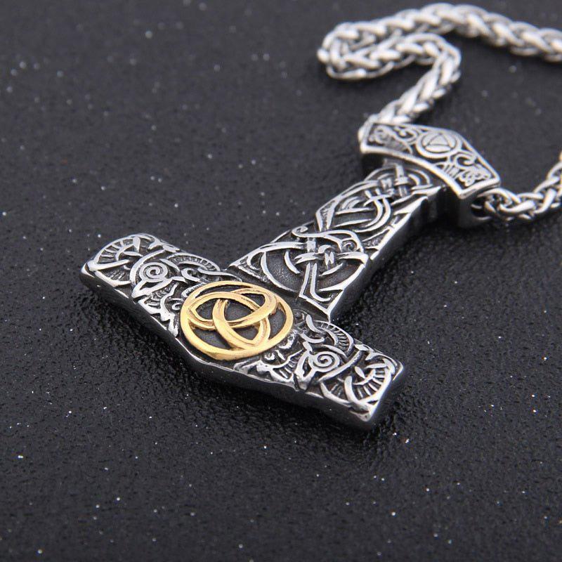 Thor's Hammer Necklace in Steel or Gold and Steel