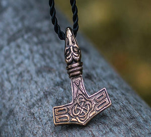 Thor's Hammer Pendant Bronze Mjolnir with Raven