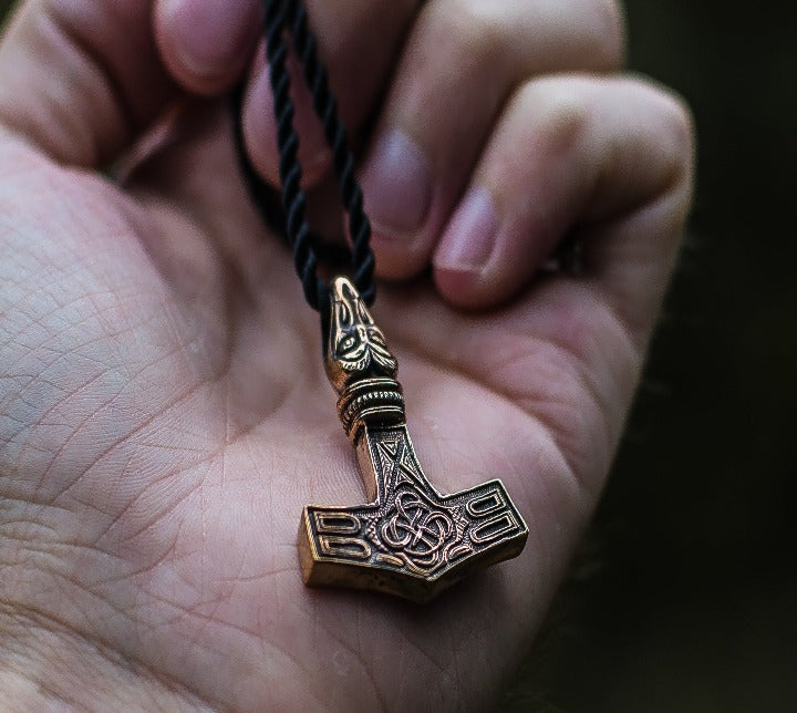 Thor's Hammer Pendant Bronze Mjolnir with Raven