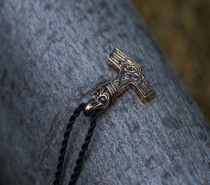 Thor's Hammer Pendant Bronze Mjolnir with Raven