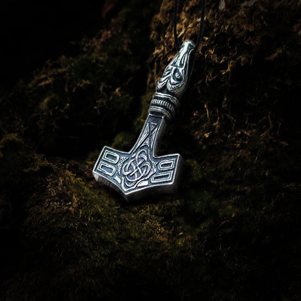 Thor's Hammer Pendant Sterling Silver Mjolnir with Raven