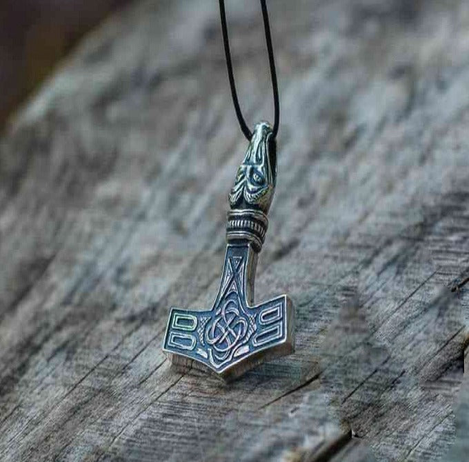 Thor's Hammer Pendant Sterling Silver Mjolnir with Raven