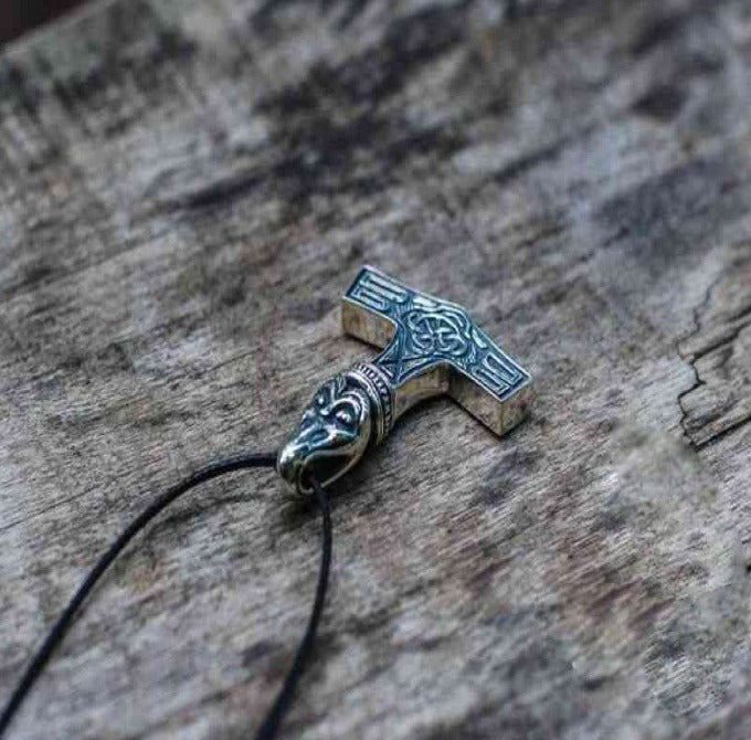 Thor's Hammer Pendant Sterling Silver Mjolnir with Raven