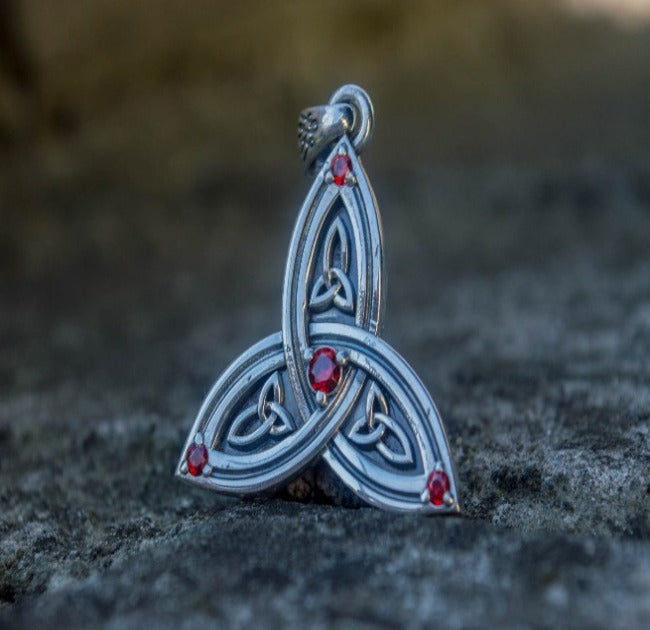 Triquetra Symbol Pendant with Red Cubic Zirconia Sterling Silver Celtic Necklace