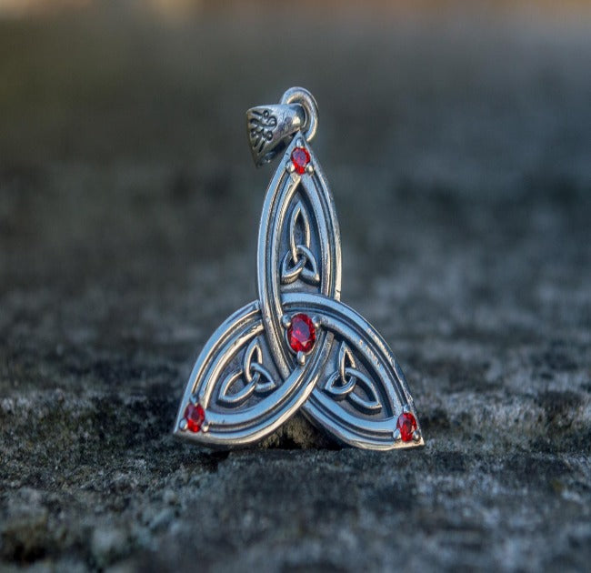 Triquetra Symbol Pendant with Red Cubic Zirconia Sterling Silver Celtic Necklace