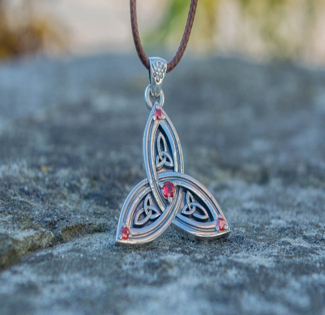 Triquetra Symbol Pendant with Red Cubic Zirconia Sterling Silver Celtic Necklace