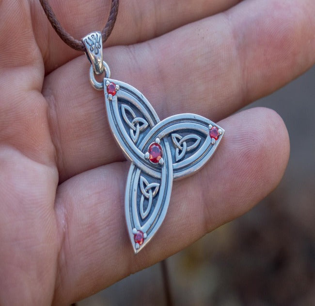 Triquetra Symbol Pendant with Red Cubic Zirconia Sterling Silver Celtic Necklace