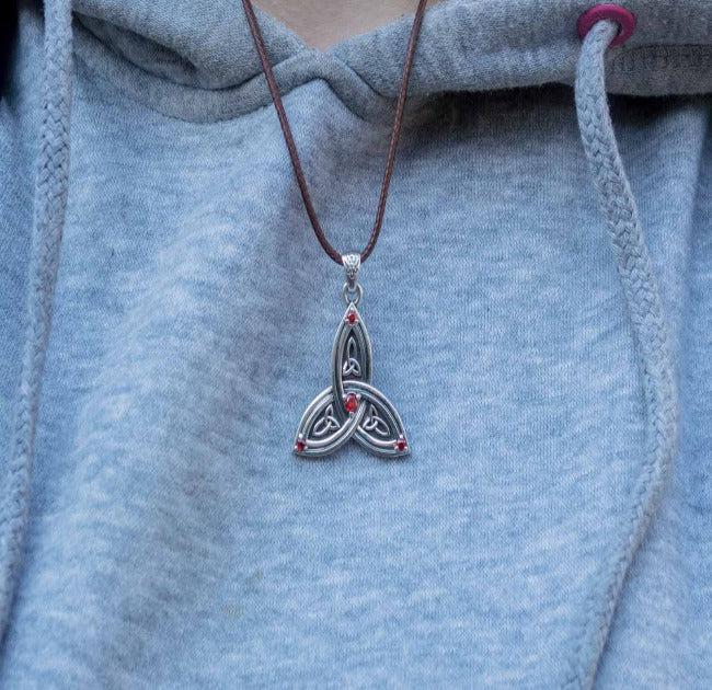 Triquetra Symbol Pendant with Red Cubic Zirconia Sterling Silver Celtic Necklace