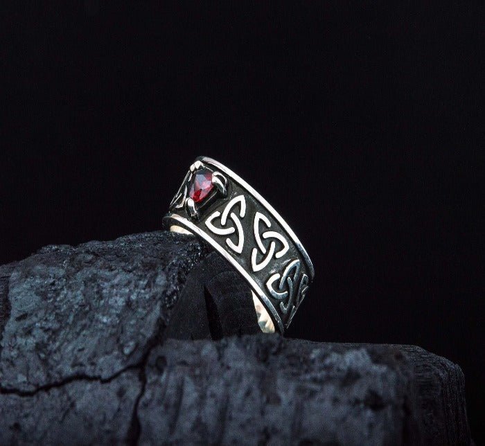 Triquetra Symbol Ring with Red Cubic Zirconia Sterling Silver Celtic Ring