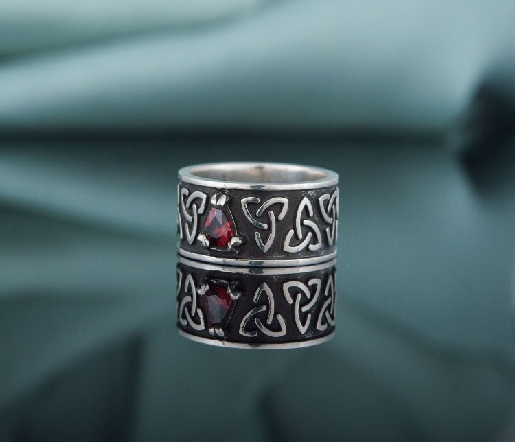 Triquetra Symbol Ring with Red Cubic Zirconia Sterling Silver Celtic Ring