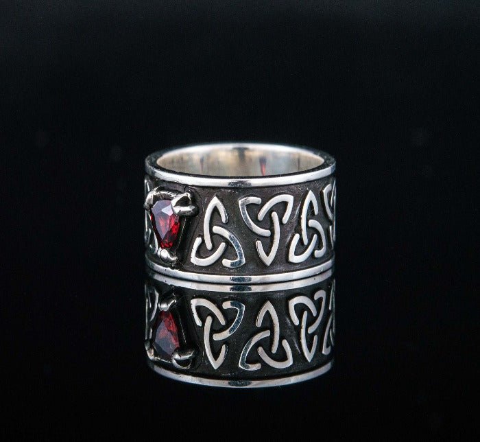 Triquetra Symbol Ring with Red Cubic Zirconia Sterling Silver Celtic Ring