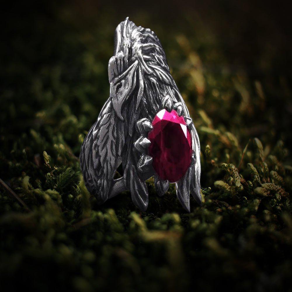 Unique 925 Silver Raven Ring With Gem, Handcrafted Ring