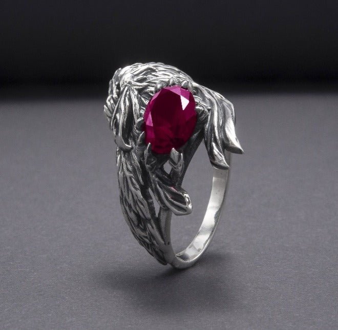 Unique 925 Silver Raven Ring With Gem, Handcrafted Ring