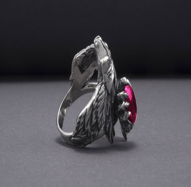 Unique 925 Silver Raven Ring With Gem, Handcrafted Ring