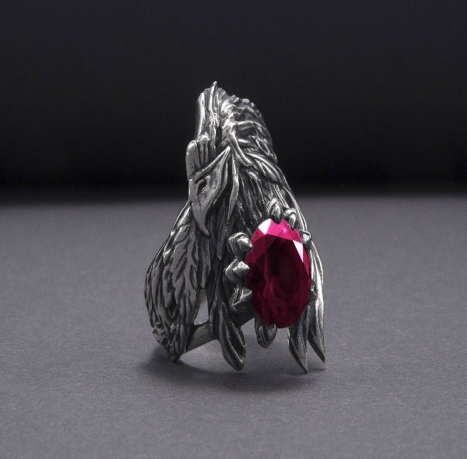 Unique 925 Silver Raven Ring With Gem, Handcrafted Ring