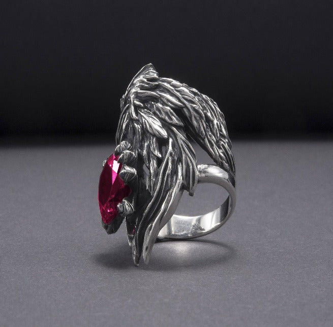 Unique 925 Silver Raven Ring With Gem, Handcrafted Ring