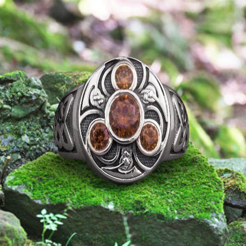 Unique Ancient Norse ring With triquetra and gems, handcrafted jewelry with Celtic ornament