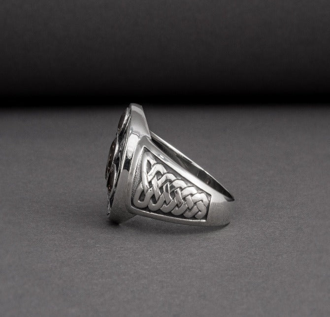 Unique Ancient Norse ring With triquetra and gems, handcrafted jewelry with Celtic ornament