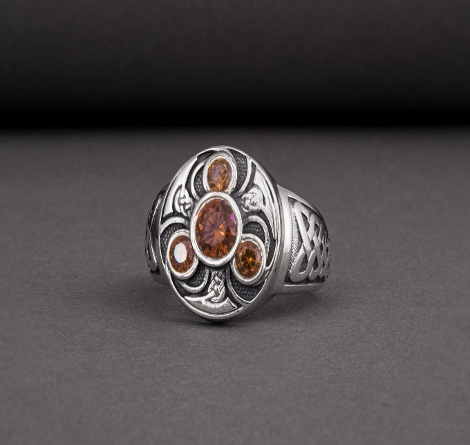 Unique Ancient Norse ring With triquetra and gems, handcrafted jewelry with Celtic ornament