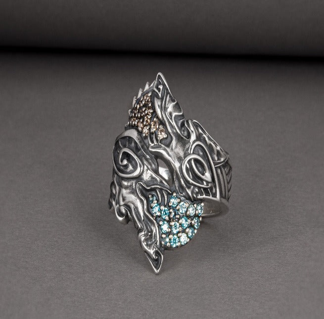 Handcrafted Viking Hati and Skoll Ring | Sterling Silver Norse Jewelry