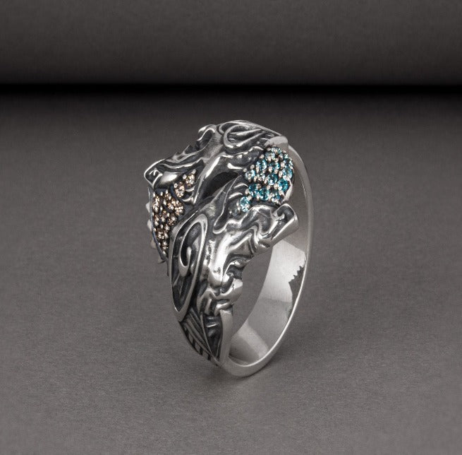 Handcrafted Viking Hati and Skoll Ring | Sterling Silver Norse Jewelry