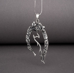 Unique sterling silver pendant with Oak branch, leaves, and runes, handcrafted jewelry