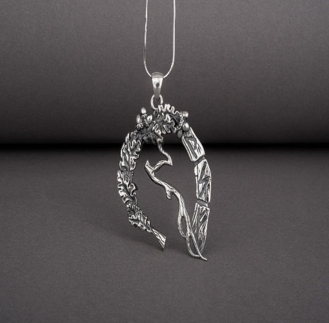 Unique sterling silver pendant with Oak branch, leaves, and runes, handcrafted jewelry