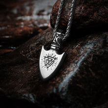 Load image into Gallery viewer, Valknut and Vegvisir Compass Warrior Totem Steel Viking Arrowhead Necklace
