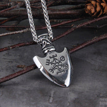 Load image into Gallery viewer, Valknut and Vegvisir Compass Warrior Totem Steel Viking Arrowhead Necklace
