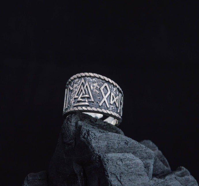 Valknut Symbol With HAIL ODIN Runes Sterling Silver Pagan Ring