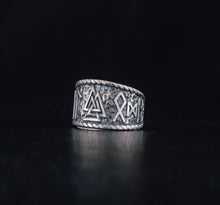 Load image into Gallery viewer, Valknut Symbol With HAIL ODIN Runes Sterling Silver Pagan Ring
